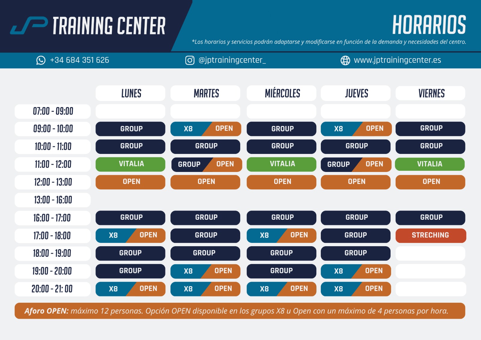 horarios jp training center sept 26